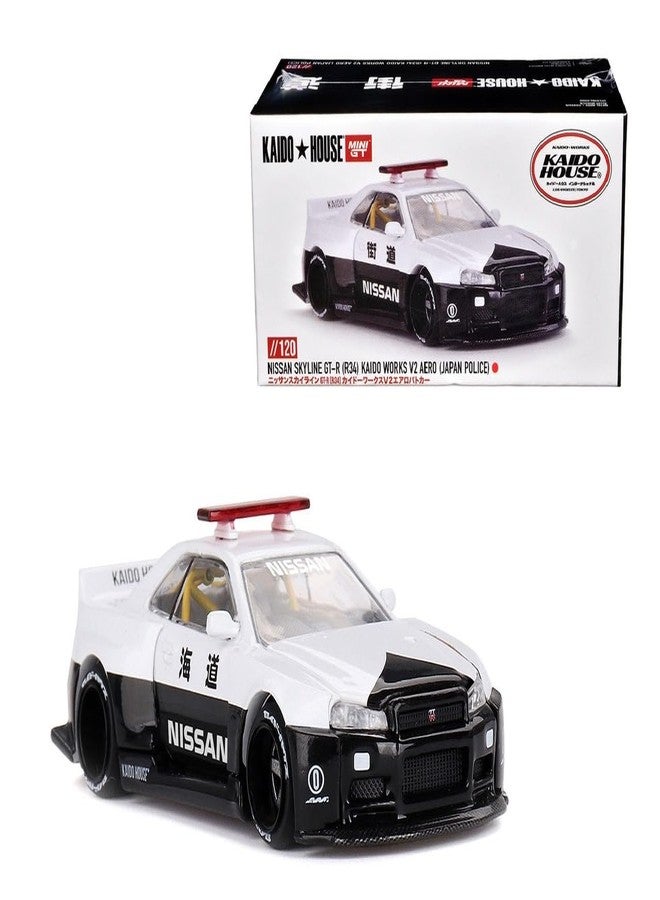 Mini GT Models Skyline GT-R (R34) Kaido Works (V2 Aero) RHD (Right Hand Drive) Black and White Japan Police (Designed by Jun Imai) Kaido House Special 1/64 Diecast Model Car by Mini GT KHMG120 - Image 1